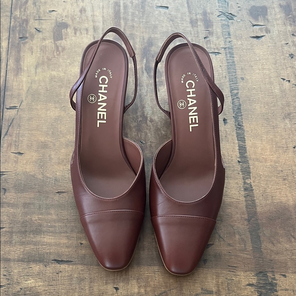 CHANEL Women's Burgundy Leather Slingback Heels